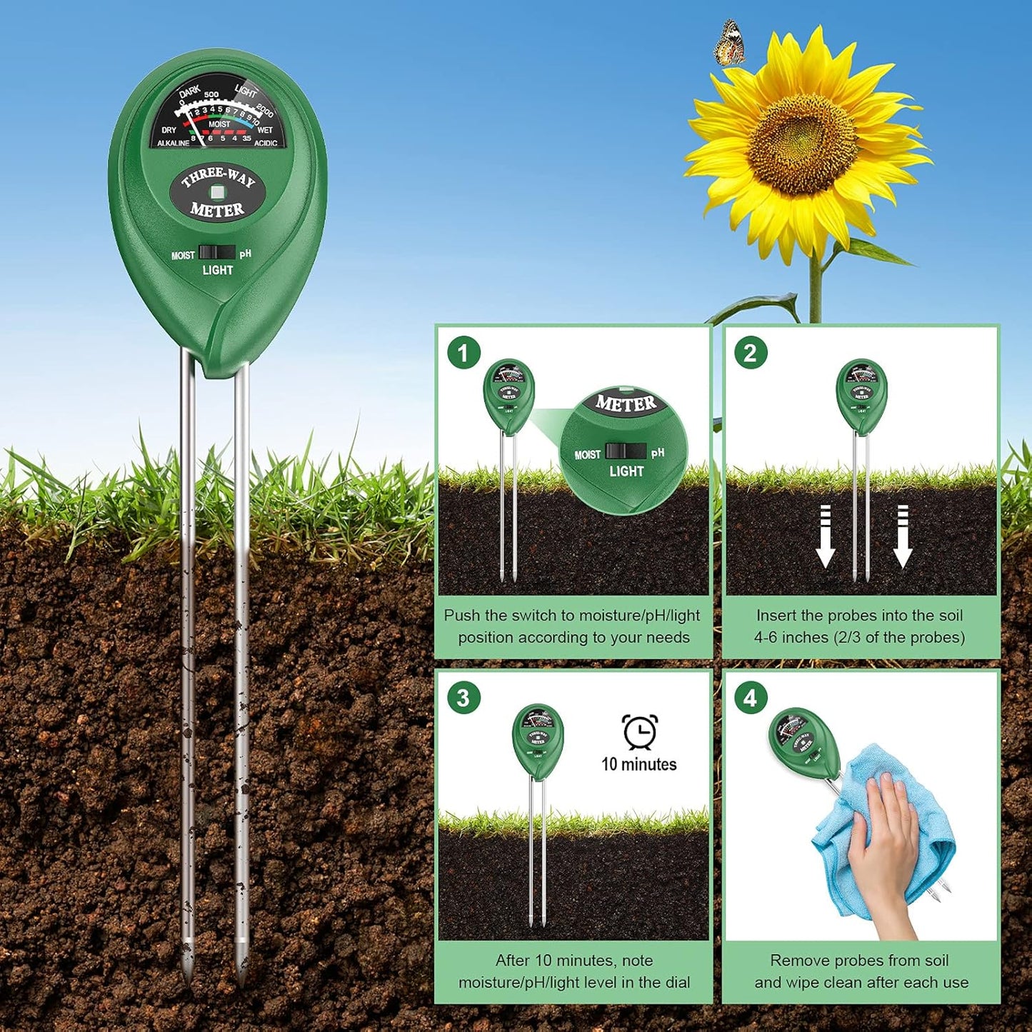 3-in-1 Soil Tester – Measure Moisture, pH & Light for Optimal Growth