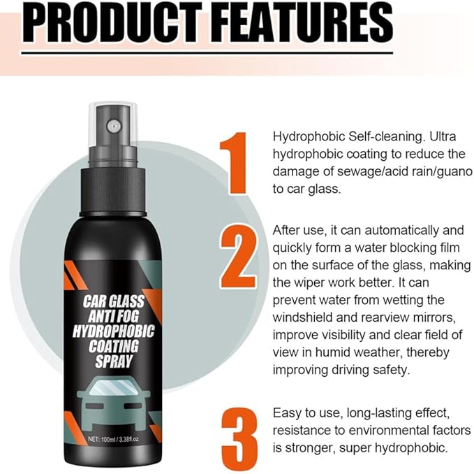 Car Glass Anti-Fog Hydrophobic Coating – Clear Vision, Water-Repellent, Long-Lasting Protection for Windshields & Mirrors 100ML (Pack of 2)