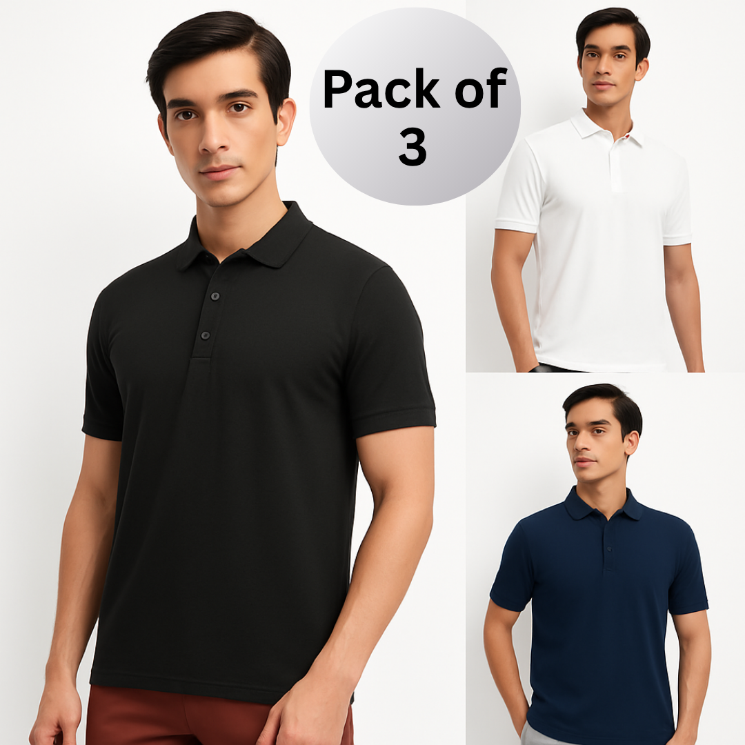 Poly Cotton Solid Half Sleeves Mens Polo T-shirt (Pack of 3)
