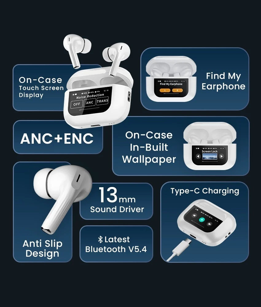 Wireless Earbuds with LCD Touch – Ultimate Sound & Control!