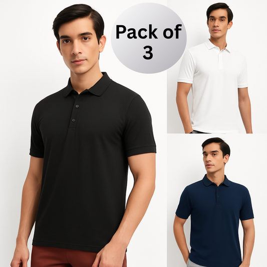 Poly Cotton Solid Half Sleeves Mens Polo T-shirt (Pack of 3)